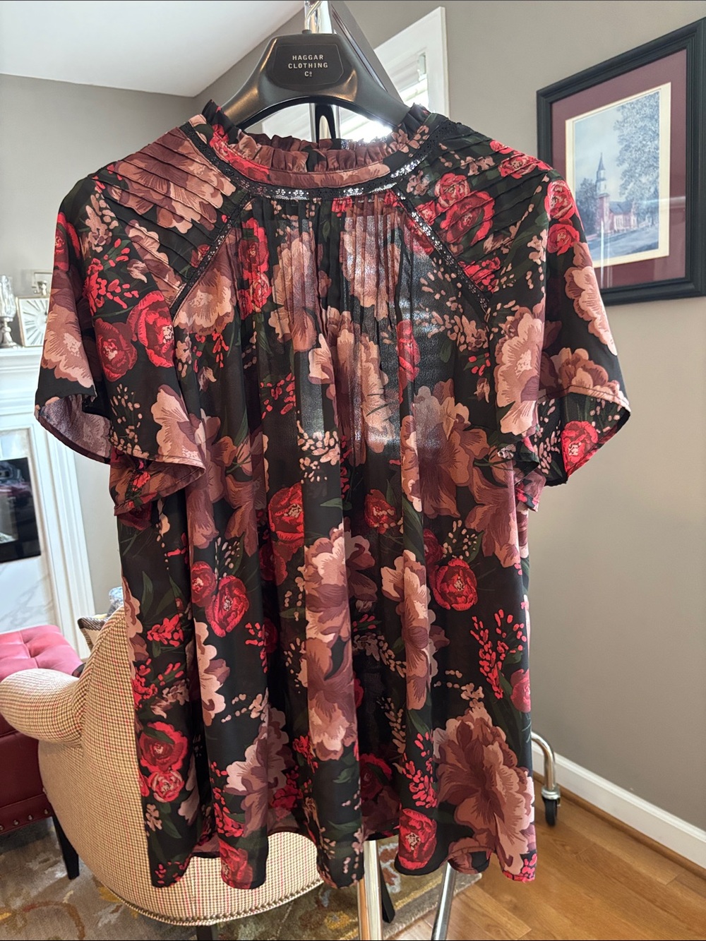 torrid Black Floral Pleated Ruffle Sleeve Blouse - Pink & Red Flowers